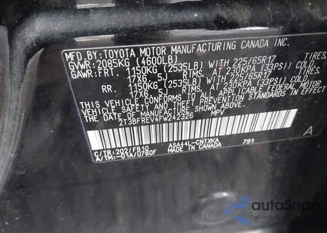 2015 Toyota Rav4 Le из США, поврежденный, VIN 2T3BFREV4FW242326